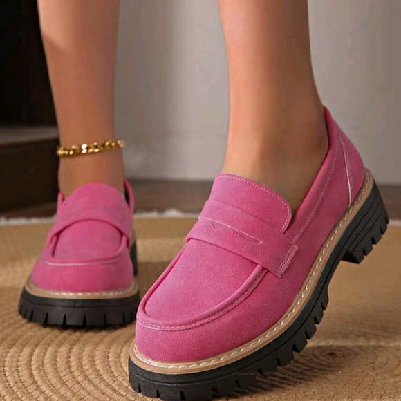 Women's Pink Suede Lug-Soled Loafers - Picture 2 of 3